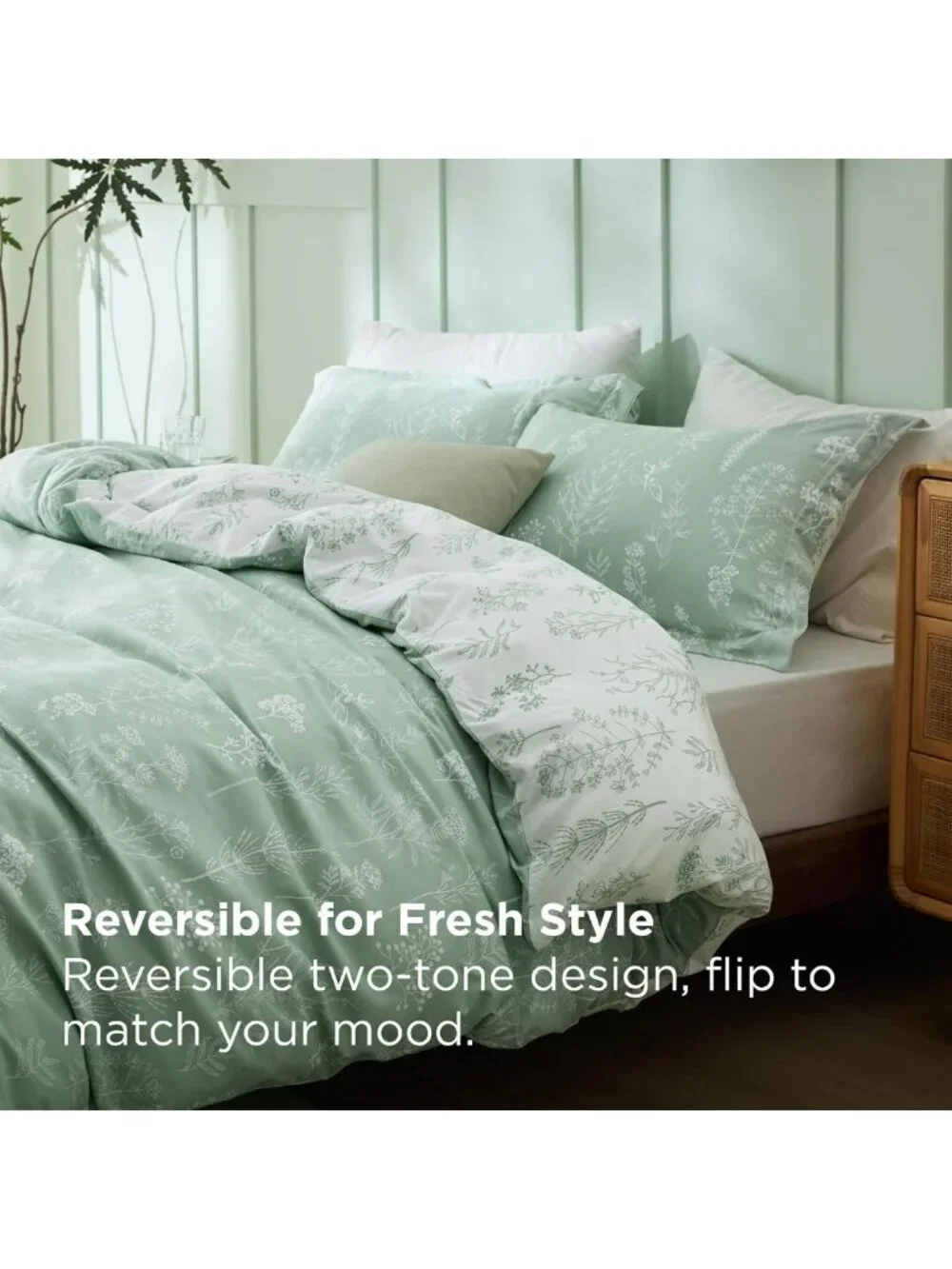 Sage Green Floral Queen Comforter Set - 3 Piece Lightweight Bedding, Reversible